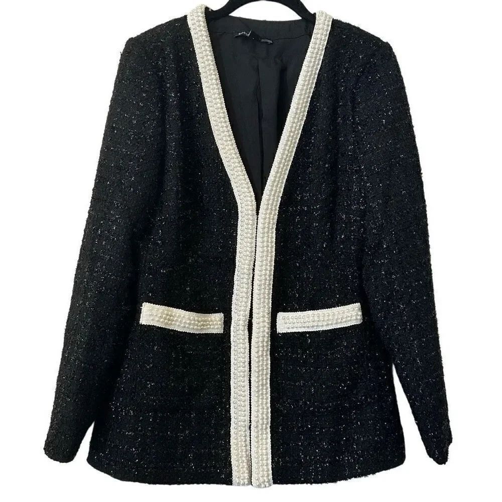 Boston Proper Tweed Embelisshed Wool Blend Black White Blazer Jacket 6